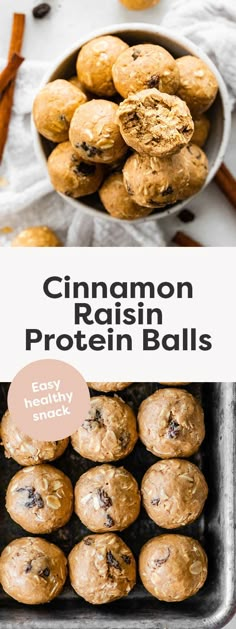 cinnamon raisin protein balls in a baking pan with the title overlay above it