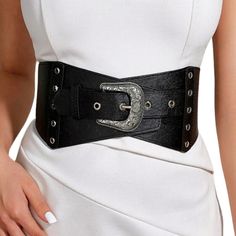 Brand New Black Faux Leather Wide Width Belt With A Stretchy Elastic Waistband And Adjustable Buckle Closure. 4.5" At The Widest Point And Can Stretch 24"-42". Black Belt For Fall Party, Black Belt For Party In Fall, Black Corset Belt For Party In Fall, Black Corset Belt For Fall Party, Black Belt For Spring Party, Black Belt For Party In Spring, Black Party Belt For Spring, Elegant Corset Belt For Fall Party, Elegant Fall Party Corset Belt