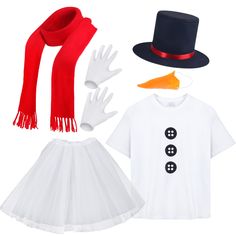 the costume is made up of white tulle skirt, red scarf and black top hat