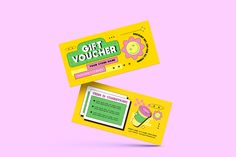 two yellow gift voucher cards on top of each other in front of a pink background