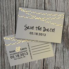 two wedding save the dates cards with string lights