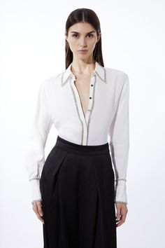 Elevate Your Smarter With This Shirt, Crafted From Lustrous Satin For A Relaxed Fit, Featuring A Diamanté Trim Across A Fly Collar, Long Cuffed Sleeves And A Button Through Panel For Luxury Detailing. Pair This Top With Tailored Pants And Heels For Elevated Formal Wear That Can Be Worn From Work Events To Birthday Dinners Alike.Shirtdiamanté Trimbutton Detaillong Sleeves Denim Jumpsuits, Outfits For Mexico, Spring Wedding Guest Dress, Petite Business Casual, Fall Wedding Guest Dress, Bachelorette Outfits, Outfits Petite, Petite Skirt, Bandeau Dress