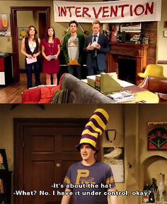 the big bang theory show is in two different pictures, one with a funny hat on it