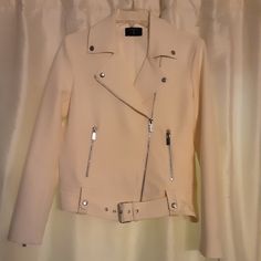 Light Cream, Almost White, Moto Jacket With Silver Hardware. New, Never Worn. Excellent Condition. White Zipper Closure Outerwear For Work, Fitted Cream Biker Jacket With Long Sleeves, White Moto Jacket, Light Cream, Moto Jacket, White Cream, Silver Hardware, Cream White, Jackets & Coats