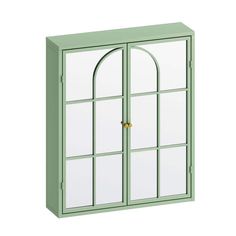 a green cabinet with arched glass doors on the top and bottom, against a white background