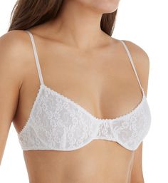 Cute floral patterned lace bra has underwires for support. Made of soft nylon. Low profile, unpadded lace underwire cups have fine mesh lining and vertical darts for shape. Sewn-on elastic at neckline with picot trim. Bandless front is great for petites and short-waisted women. Center - lace triangle panel. Sides and back are stretch lace with mesh lining and sewn-on elastic at top and covered at bottom. Straps are exposed elastic with a satiny sheen and fully adjust at back with plastic hardwar Feminine Underwire Bra With Lace Closure, Underwire Bra With Lace Closure, Lace Full Cup Bra With Padded Cups, Full Cup Lace Bra With Padded Cups, Delicate Underwire Bra With Padded Cups, Delicate Underwire Bra With Removable Pads, Classic Full Cup Lace Bra, White Lace Underwire Bra, Classic Full Coverage Lace Bra