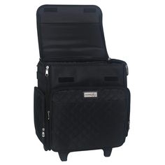 a black piece of luggage with wheels and zippers on the bottom, in front of a white background