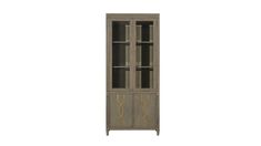 a tall wooden cabinet with glass doors and gold trimmings on the bottom shelf