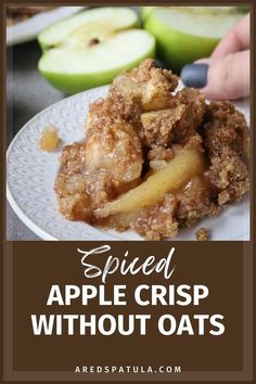 apple crisp without oats on a plate with apples in the background and text overlay