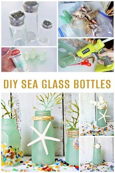 the collage shows different sea glass bottles