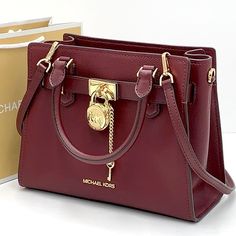 Dark Cherry Color, Cherry Color, Michael Kors Logo, Bag Dark, Key Lock, Michael Kors Hamilton, Zip Top, Purple Gold, Pebbled Leather