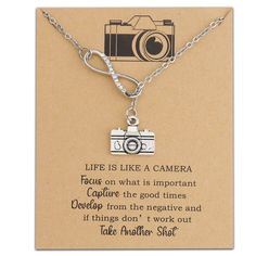 PRICES MAY VARY. Photographer Gift - Life is like a camera Focus on what is Important Capture the Good Times Develop from the Negative And if things don’t work out Take Another Shot. Stainless steel Y necklace length: 12.7"(32.5cm) It is easy to adjust based on neck size to get a comfortable wearing experience. Pendant- Alloy. It is lead free and nickel free, hypo allergenic, it doesn’t rust, change colour or tarnish. Graduation gifts, Travel gifts, Friendship gifts, Mother's Day gifts, coworker Wedding Photographer Gift, Thank You Baskets, Life Is Like A Camera, Wedding Camera, Gift Photography, Gifts Photography, Teachers Day Gifts, Photographer Gifts, Velvet Bag