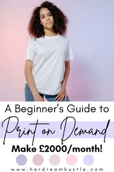 a young woman with curly hair wearing a white t - shirt and jeans, standing in front of a pink background