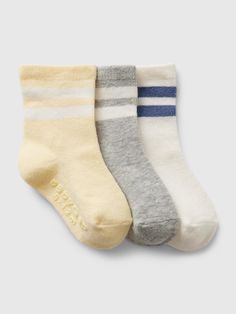 Made with 67% organically grown cotton.  Organic cotton is better for people and the environment because it's grown without the use of harmful synthetic pesticides and fertilizers.  Soft cotton-blend crew socks.  Reinforced toe and heel.  Ribbed top with stripes. Denim Bucket Hat, Safari Baby Shower, Ribbed Top, Boy Clothes, The Gap, Baby Boy Outfits, Baby Bodysuit