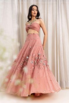 Silky Bindra-Dusty Pink Organza Lehenga Set-INDIASPOPUP.COM Tube Lehenga, Tube Blouse Lehenga, Hand Embroidery Lehenga Designs, Floral Lehenga Designs, Organza Lehenga Designs, Organza Lengha, Dusty Pink Lehenga, Organza Floral Lehenga, Pink Organza Lehenga