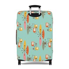 Zip through the terminal with our Boomerang Starburst Luggage Cover! Flaunting a mid-century design in teal with orange and pink accents, this cover gives your suitcase a groovy retro upgrade that's easy to spot on any luggage carousel. Protect luggage from nasty scratches and accidental swaps at the baggage carousel. These covers slide on quickly and feature multiple slits on the left side for easy access to the handles. Material: 95% polyester, 5% spandex: Constructed with an elastic polyester Retro Rectangular Travel Luggage, Retro Rectangular Cases With Luggage Sleeve, The Terminal, Groovy Retro, Luggage Cover, Orange And Pink, Pink Accents, Mid Century Design, Carousel