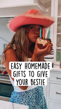 a woman wearing a pink hat and holding a piece of cake with the words easy homemade gifts to give your bestie