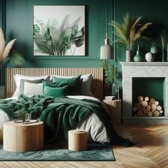 a bedroom with green walls and wood flooring is pictured in this image, there are plants on the side of the bed