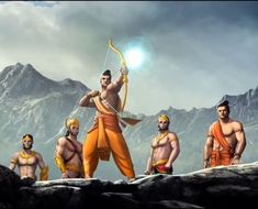 an animated image of some men in front of mountains and rocks, with one man holding a bow