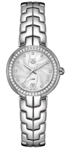 WAT1316.BA0956 TAG HEUER LINK WOMEN'S FASHION DRESS WATCH Usually ships within 3 months | View In Stock TAG Heuer Watches Store Display Model (What's This?) - Free Overnight Shipping - With Manufacturer Serial Numbers - Swiss Made - Cameron Diaz Advertised Piece - Guilloche Silver Dial Set with Diamonds - Diamond Hour Markers - 11 Diamonds Set on Dial - 48 Round Diamonds Set on Bezel - Date Feature - Battery Operated Quartz Movement - 3 Year Warranty - Guaranteed Authentic - Certificate of Authenticity - Manufacturer Box & Manual - Polished Stainless Steel Case - Polished Stainless Steel Bracelet - Scratch Resistant Sapphire Crystal - 100 Meters / 330 Feet Water-Resistant - 34.5mm = 1 3/8" Case, 6" Adjustable Bracelet - Case Thickness: 10mm - Fixed Bezel - Luminescent Hands - Push & Pull C Diamond Watches Women, Tag Heuer Watch, Round Diamond Setting, Cameron Diaz, Free Bracelet, Casual Watches, Dress Watch, Store Display, Tag Heuer