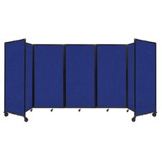 a blue room divider with wheels and four panels on each side, in front of a white background