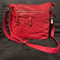 Bueno Red Soft Man Made Leather Crossbody Bag; Front Zipper, Silver Details; Brand New With The Tag Still Attached Red Bags For Fall Errands, Red Satchel Bag With Pockets, Red Satchel Shoulder Bag For Fall, Red Shoulder Bag With Pockets For Everyday, Red Bags For Everyday Use In Fall, Red Bag For Everyday Use In Fall, Fall Travel Red Shoulder Bag, Red Bags With Adjustable Strap For Fall, Red Bag With Adjustable Strap For Fall