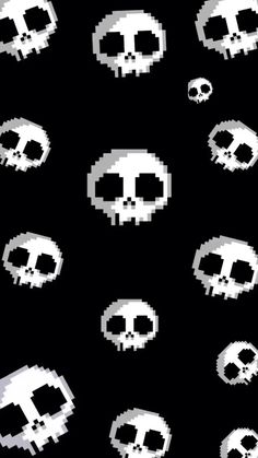 pixelated skulls on black background with white and gray shapes in the shape of skull heads