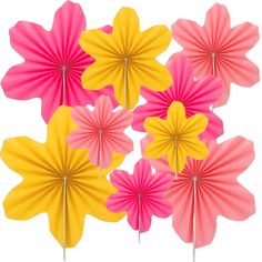 pink and yellow paper flowers on sticks with one flower sticking out of the middle, set against a white background