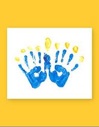 a card with blue and yellow handprints on it