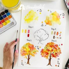 someone is painting trees with watercolors on paper