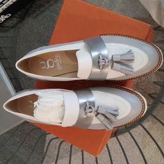 Loafer Made In Spain. New Condition Lug Sole. White And Silver Color. True To Size. Sam Edelman Mules, Tory Burch Loafers, Boat Shoes Women's, Burgundy Flats, Dr Scholls Shoes, Sperry Boat Shoes, Womens Boat Shoes, Saddle Shoes, Suede Ballet Flats