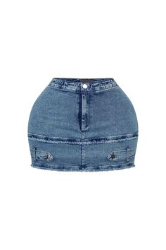 High rise washed denim mini skirt featuring frayed hem detail Shorts lining attached Fly button and zipper closure Runs true to size Night Out Tops, Casual Day Dresses, Essential Dress, Lock Up, Wedding Dresses Strapless, Long Sleeve Short Dress, Strapless Tops, Washed Denim, Maxi Dress Party