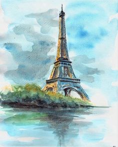 a painting of the eiffel tower in paris, france with watercolors