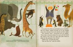 an open children's book with pictures of animals and people in caged area