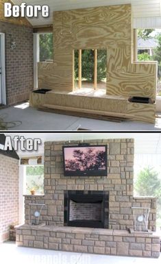 before and after pictures of a brick fireplace being built in a house with wood paneling