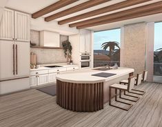 an artist's rendering of a kitchen with wooden floors and white cabinets, along with large windows overlooking the ocean