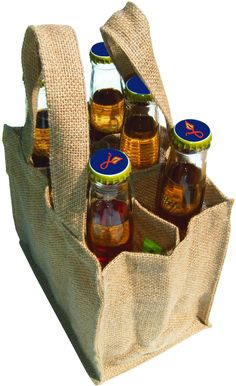 six bottles in a burlap bag filled with honey