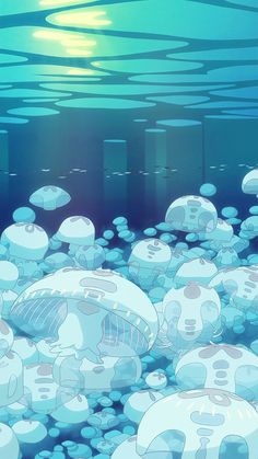 an underwater scene with many jellyfishs floating in the water