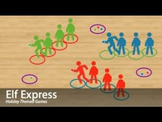 an aerial view of people playing with different colored circles on a basketball court that says elf express holiday themed games