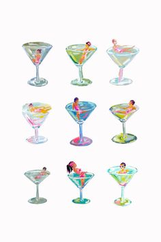 six martini glasses with different colored drinks in them