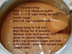 the ingredients for caramel icing in a saucepan