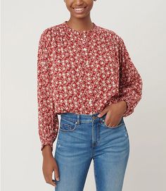 Floral Ruffle Trim Blouse | LOFT Flowy Blouse With Smocked Cuffs For Spring, Casual Flowy Peasant Top With Blouson Sleeves, Chic Flowy Rayon Peasant Top, Spring Rayon Blouse With Blouson Sleeves, Feminine Rayon Blouse For Fall, Trendy Long Sleeve Rayon Blouse, Flowy Long Sleeve Rayon Peasant Top, Chic Long Sleeve Rayon Peasant Top, Casual Flowy Blouse With Smocked Cuffs