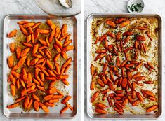 two pans filled with cooked carrots on top of a marble counter next to each other