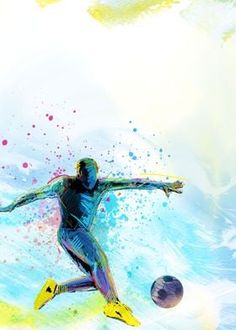 a man kicking a soccer ball on top of a blue and yellow field with watercolor splatters