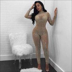 See-through Fabric Long-sleeve Jumpsuits - S / Apricot - Versace Streetwear, Sheer Jumpsuit, Sequin Jumpsuit, Bodycon Jumpsuit, Jumpsuit Elegant, Jumpsuit Party, Miami Fashion, High Neck Long Sleeve, Long Sleeve Jumpsuit