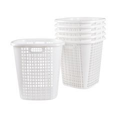 white plastic baskets stacked on top of each other