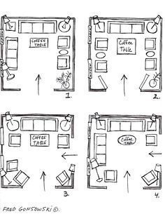 the floor plan for a living room with furniture and seating areas, including couches, tables