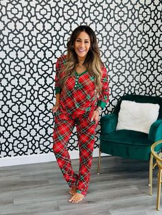 Everybody needs a cute and cozy set of pajamas to celebrate the holidays in! This red and green plaid pajama set is perfect for any chilly night! The lightweight and soft fabric keeps you comfortable and snug, while the drawstring waist gives you an adjustable fit. Plus, the v-neck with button detail adds an extra touch of style. Celebrate the season in festive style! We recommend following the size chart below for the best fit: S= 2-6 M= 8-10 L= 12-14 XL= 16-18 2XL= 18-20 3XL= 22-24 Top And Bottom Set, Matching Family Christmas Pajamas, Christmas Pj, Holiday Plaid, Pajamas Comfy, Family Christmas Pajamas, Holiday Pajamas, Kids Set, Kids Pants