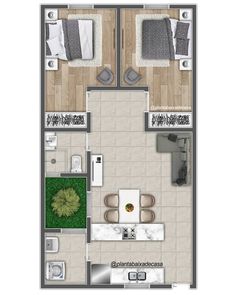 an apartment floor plan with the bedroom and living room separated by two separate rooms,