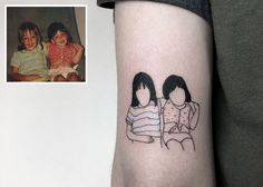 a couple of kids sitting next to each other on a arm with an ink drawing